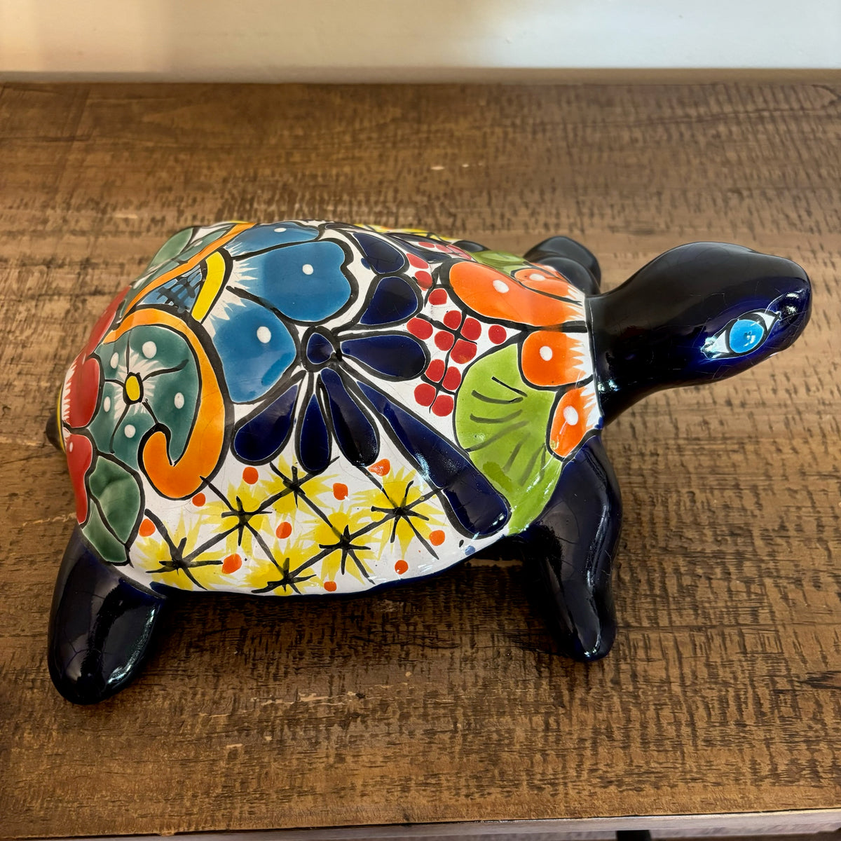 Side view Royal Blue Hand-made and Hand-painted Turtle Talavera figurines for sale online.