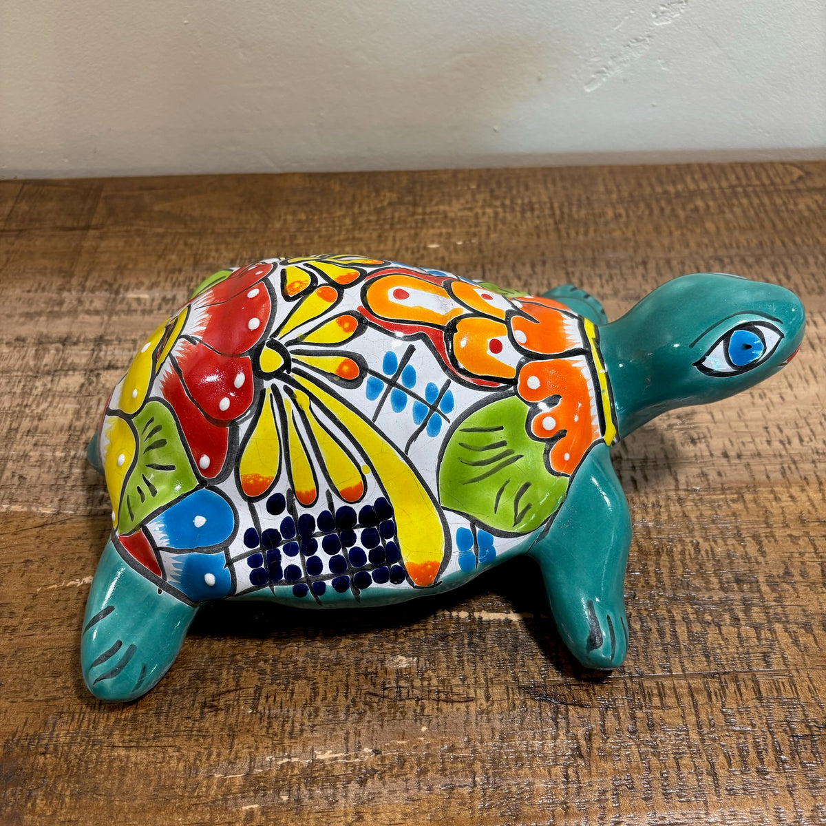 Side View Turquoise Hand-made and Hand-painted Turtle Talavera figurines from Mexico for sale online.