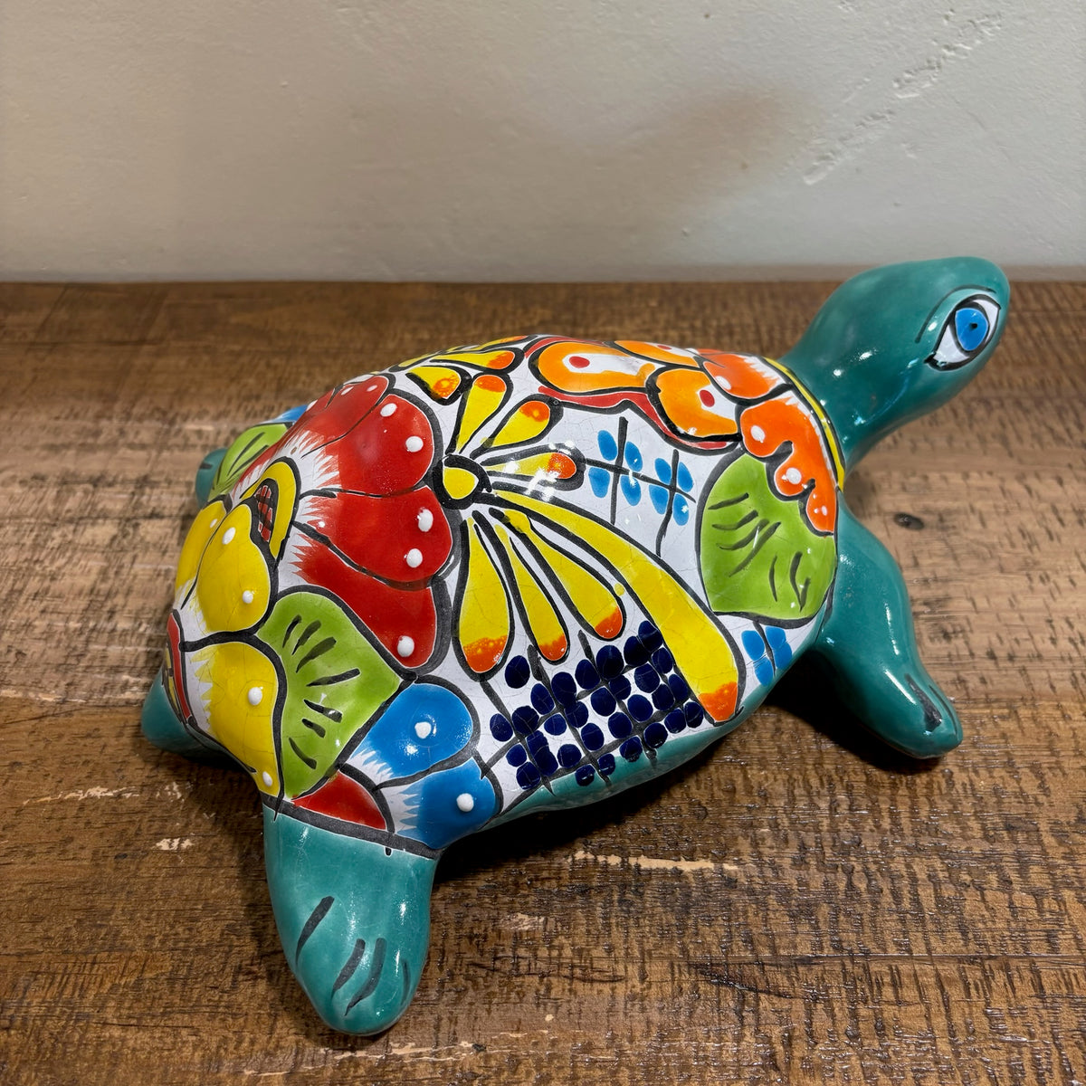 Side-Back view Turquoise Hand-made and Hand-painted Turtle Talavera figurines from Mexico for sale online.