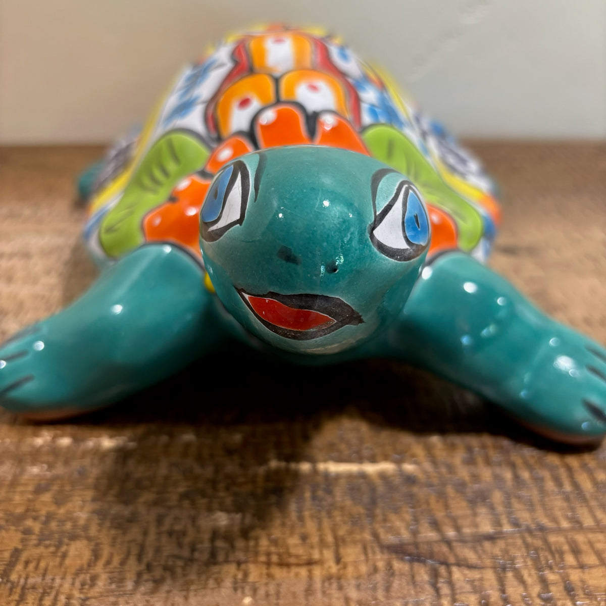 Front view Turquoise Hand-made and Hand-painted Turtle Talavera figurines from Mexico for sale online.