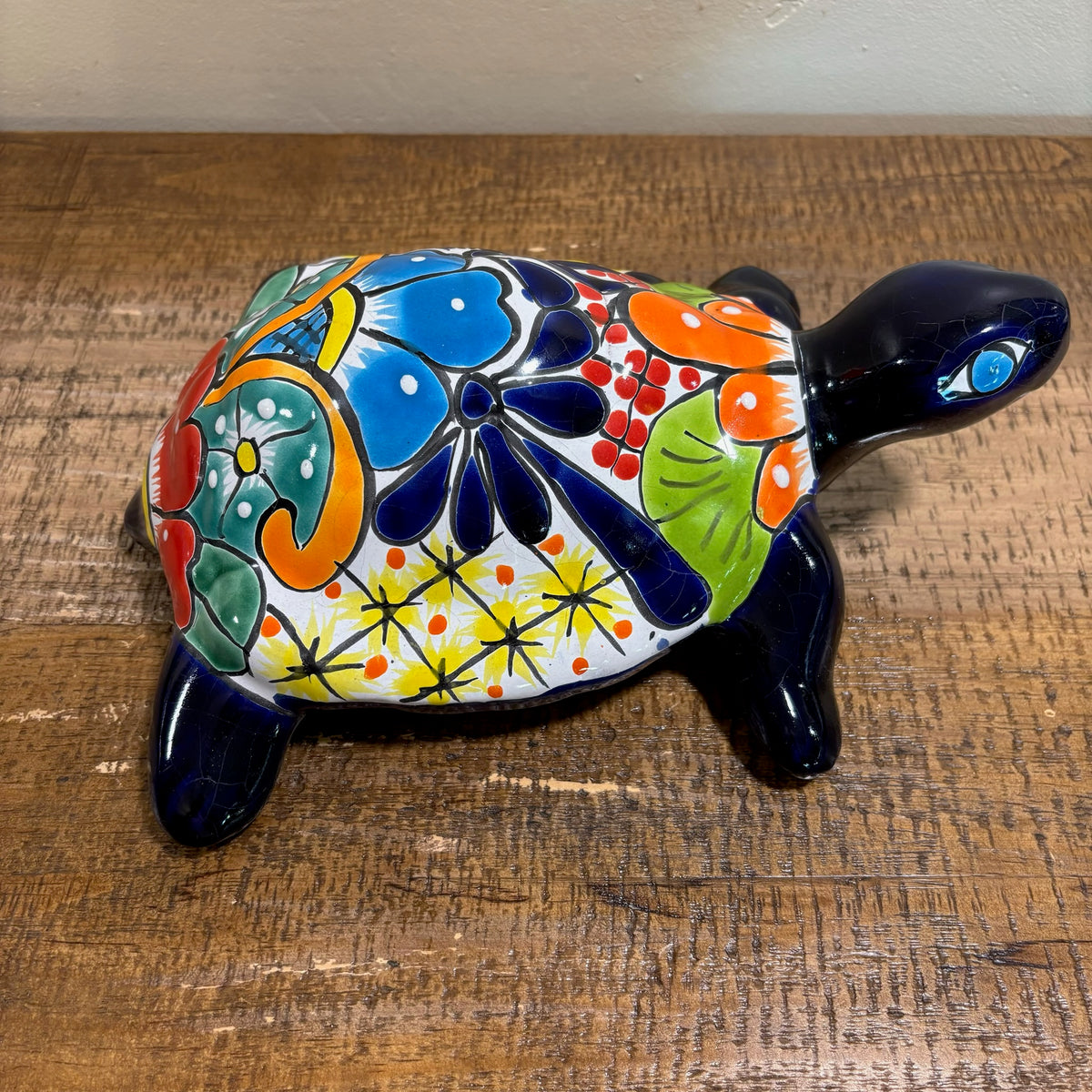 Side view Royal Blue Hand-made and Hand-painted Turtle Talavera figurines for sale online.