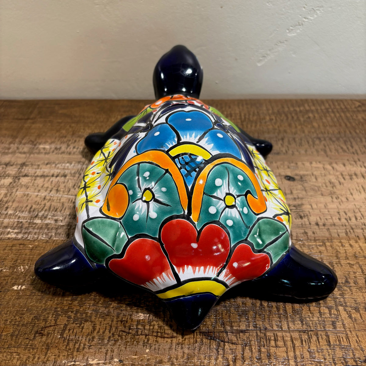 Back view Royal Blue Hand-made and Hand-painted Turtle Talavera figurines for sale online.