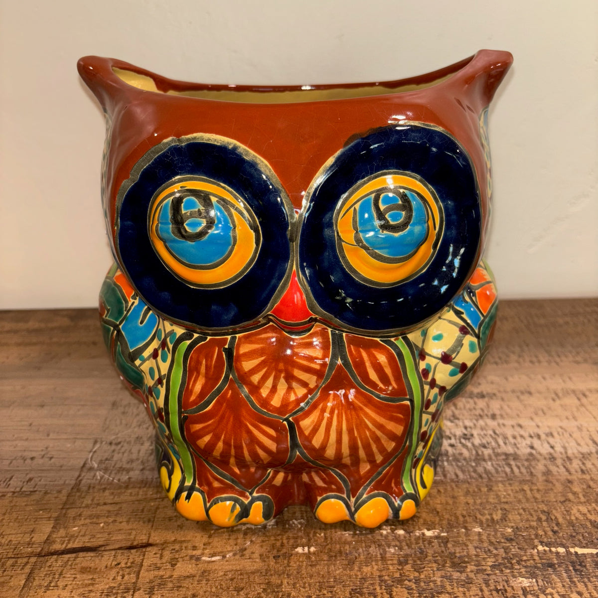 Front view Hand-made Hand-painted colorful brown Owl Talavera pottery from Mexico for sale online.  