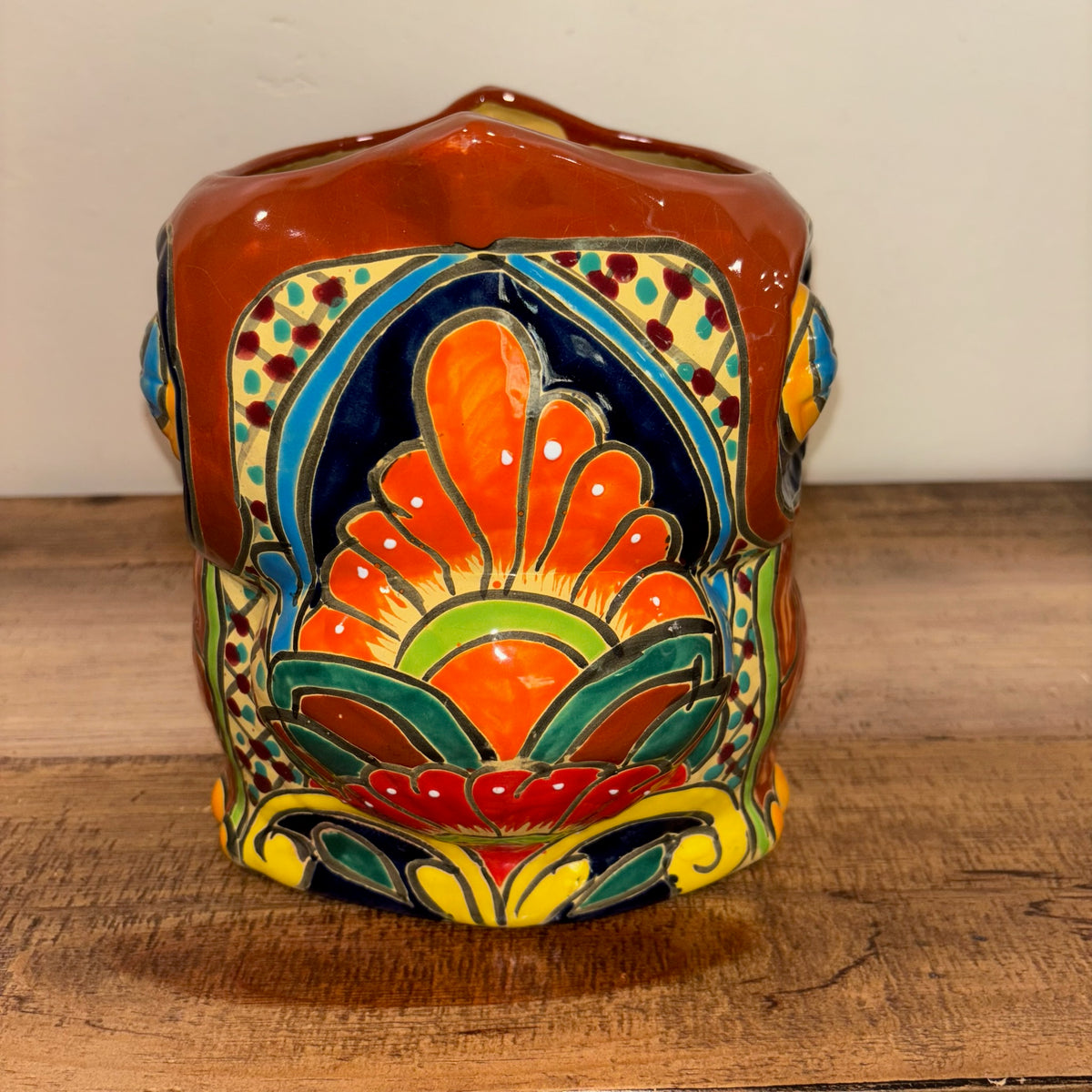 Side view Hand-made Hand-painted colorful brown Owl Talavera pottery from Mexico for sale online.