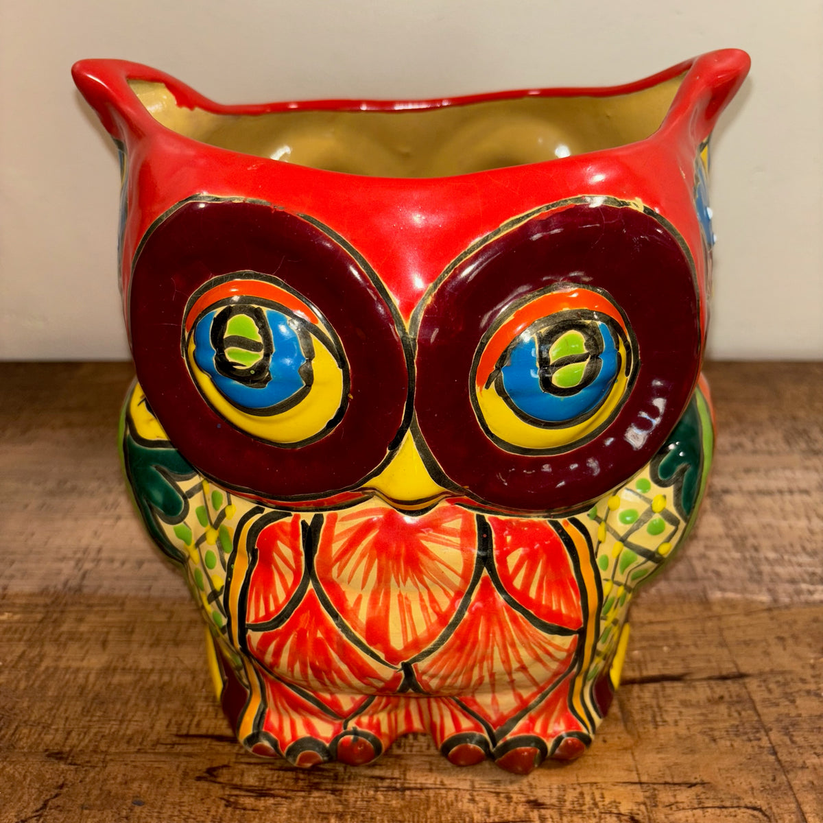 Hand-made Hand-painted colorful red Owl Talavera pottery from Mexico for sale online.