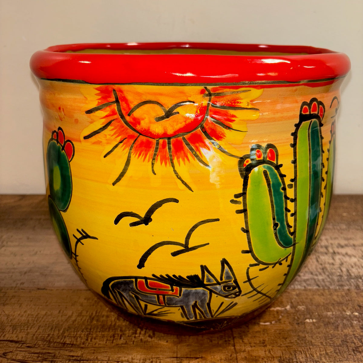 Hand-made Hand-painted colorful Talavera pottery Ranchero theme Catus design with mule from Mexico for sale online.