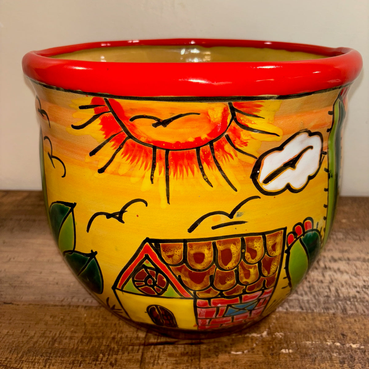 Hand-made Hand-painted colorful Talavera pottery Ranchero theme Casita and Cactus design from Mexico for sale online.