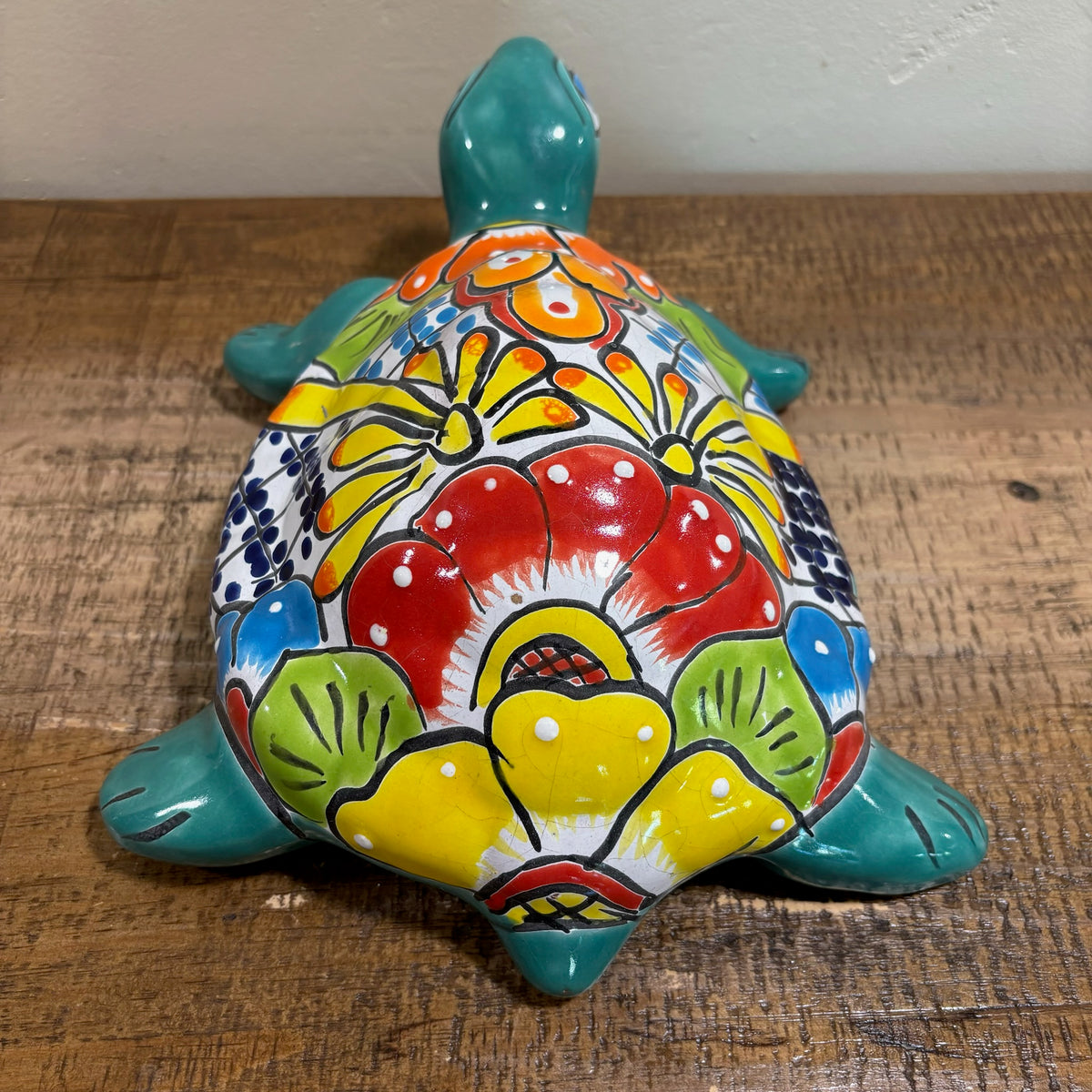 Back view Turquoise Hand-made and Hand-painted Turtle Talavera figurines from Mexico for sale online.